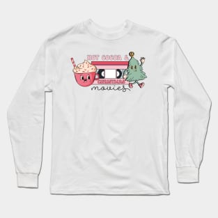 Hot Cocoa and Christmas Movies Pink Retro Holiday Vibes Long Sleeve T-Shirt